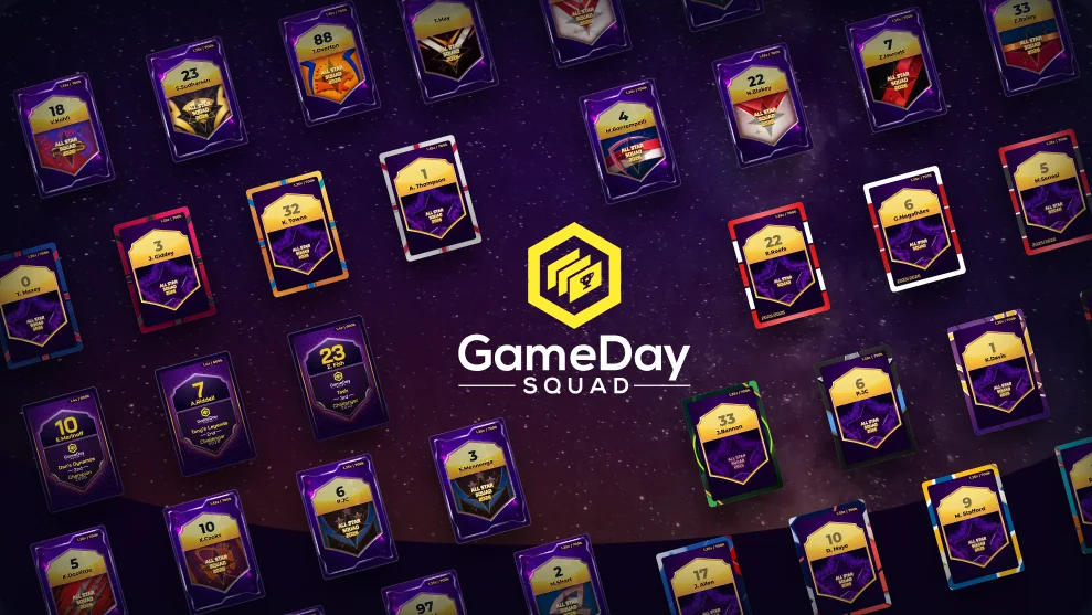 A wall of Game Day Squad player cards in many team colours, around the Game Day Squad logo