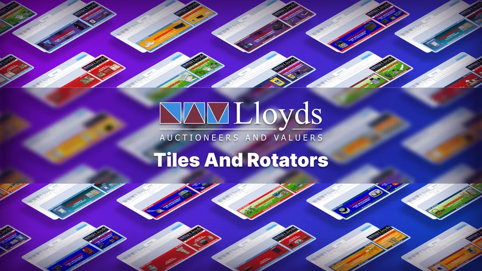 Lloyds Auctions tiles and rotators: rows of generated banner pairs in several colourways, tilted in a wall around the Lloyds logo
